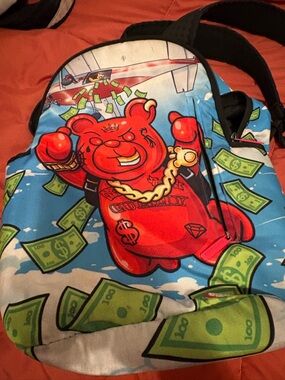 Sprayground Red Bear Graphic Backpack with Blue and Green Accents